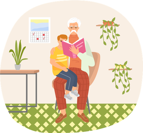 休暇中に座って孫のために本を読んで休んでいる年配の男性  イラスト