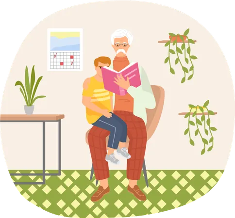 休暇中に座って孫のために本を読んで休んでいる年配の男性  イラスト