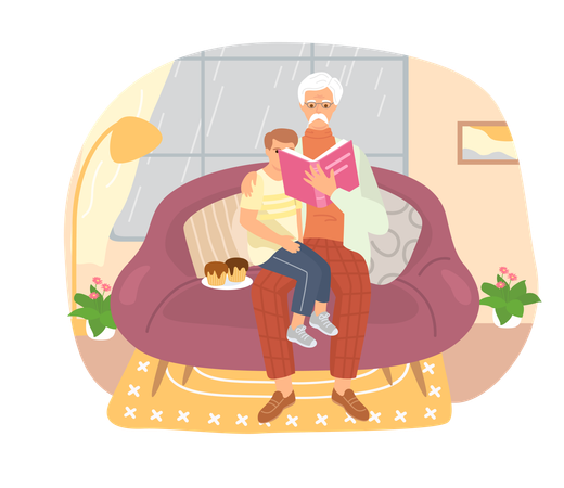 休暇中に座って孫のために本を読んで休んでいる年配の男性  イラスト