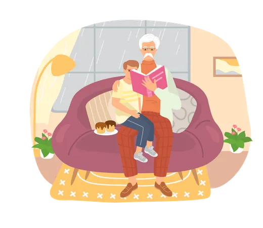 休暇中に座って孫のために本を読んで休んでいる年配の男性  イラスト