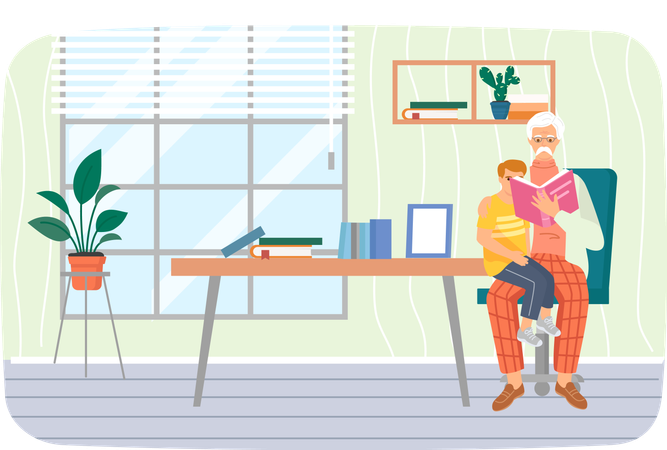 Senior man sitting and read book for his grandson  Illustration