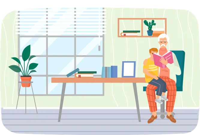 Senior man sitting and read book for his grandson  Illustration