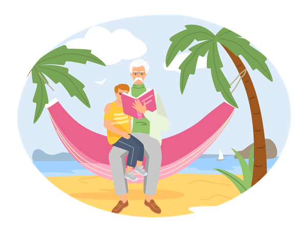 Senior man sitting on hammock read book for his grandson  Illustration