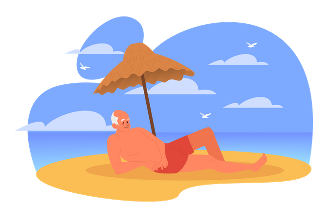 Senior man spending time on the beach Illustration