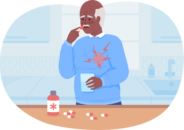 Senior man taking drugs against heart pain Illustration