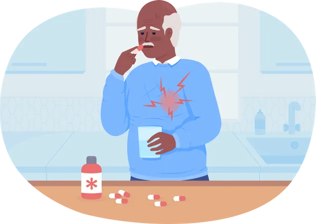 Senior man taking drugs against heart pain  Illustration