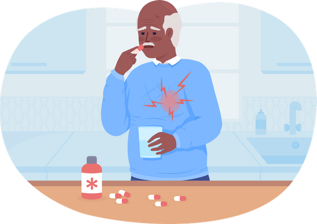 Senior man taking drugs against heart pain  Illustration