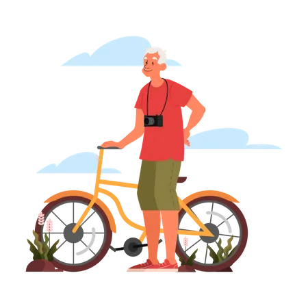 Senior man traveler riding bicycle with camera Illustration