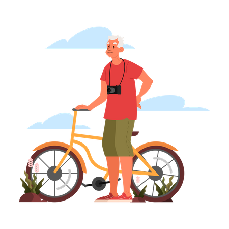 Senior man traveler riding bicycle with camera  Illustration