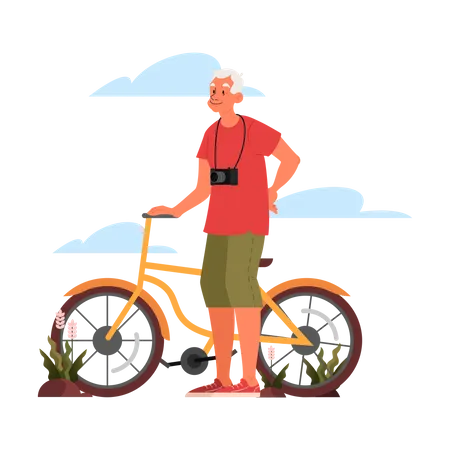 Senior man traveler riding bicycle with camera  Illustration