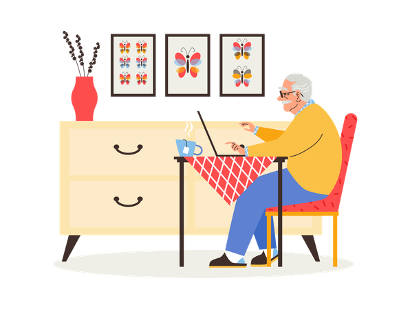 Senior man typing on the computer with dresser  Illustration