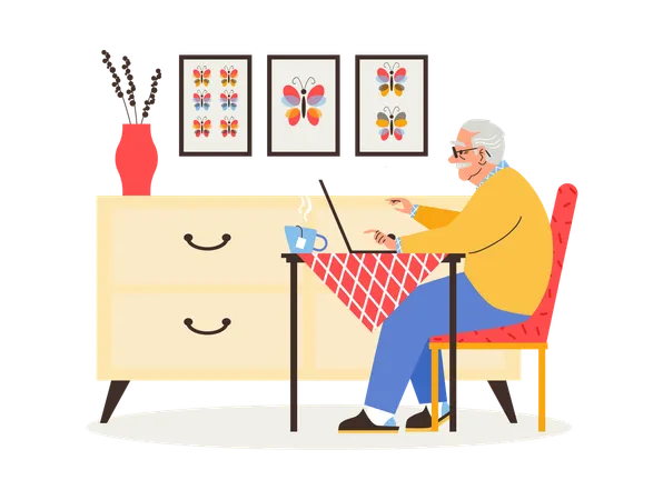 Senior man typing on the computer with dresser  Illustration