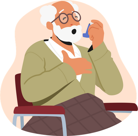 Senior man use inhaler during asthma attack  Illustration