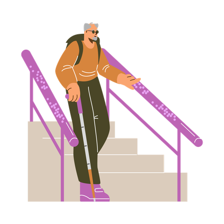 Senior man using braille handrails to navigate stairs  Illustration