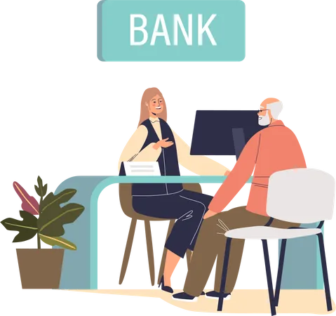 Senior man visit bank sit in office talking to manager of credit or deposit department worker Illustration