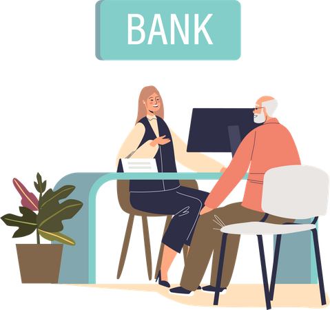 Senior man visit bank sit in office talking to manager of credit or deposit department worker  イラスト