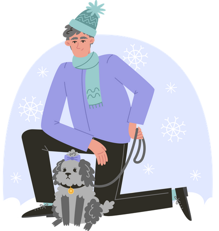 Senior man walking his dog in winter  Illustration