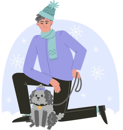 Senior Man Walking His Dog N Winter Illustration