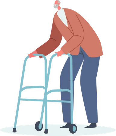 Senior Man Aged Grandfather Moving With Help Of Front Wheeled Walker Male Character Use Walking Frame Metal Tool For Elderly People Going Ability Cheerful Pensioner Cartoon Vector Illustration Illustration