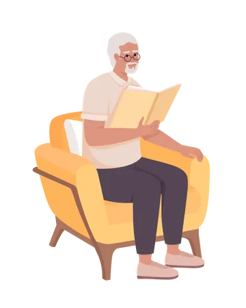 Senior man with book sitting in armchair Illustration