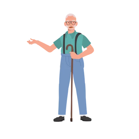 Experienced Senior Advising Senior Man With Cane Stick Is Introducing Giving Suggestion Flat Vector Cartoon Illustration Illustration