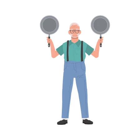 Joyful Grandpa Holding Pan Confident Senior Man With Cooking Skill Flat Vector Cartoon Illustration Illustration