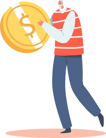Pension Growth Money Savings Pensioner Wealth And Retirement Concept Tiny Senior Man With Huge Golden Coin Single Male Character Investment Budget Planning Cartoon People Vector Illustration 일러스트레이션