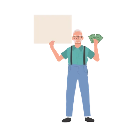 Financial Concept Full Length Senior Man Illustration With Money Fan And Signboard Flat Vector Cartoon Illustration Illustration