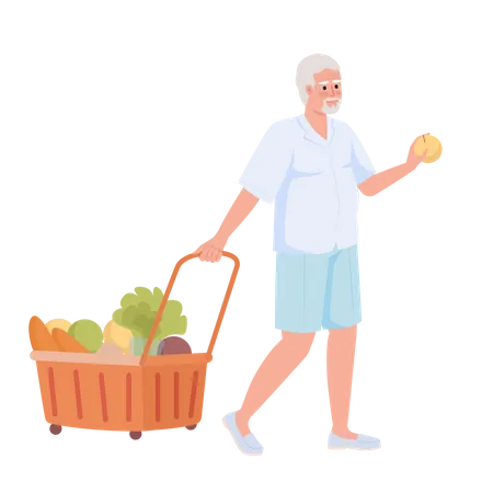Senior man with shopping trolley Illustration