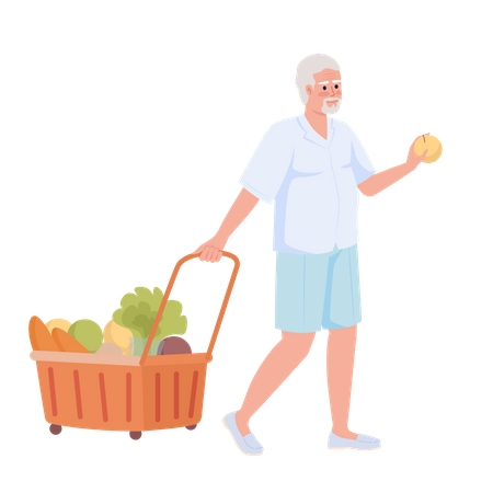 Senior man with shopping trolley  Illustration