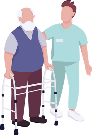 Senior man with walker and volunteer  Illustration