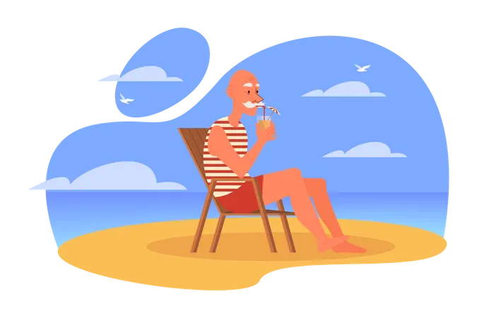 Älterer Mann mit Getränken beim Sitzen am Strand  Illustration