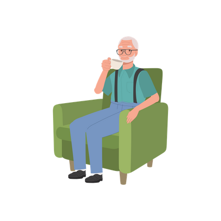 Senior man's relaxing and Enjoying Peaceful Tea Time on Couch  Illustration