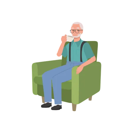 Cozy Tea Time Concept Senior Mans Relaxing And Enjoying Peaceful Tea Time On Couch Illustration