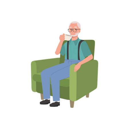 Senior man's relaxing and Enjoying Peaceful Tea Time on Couch  일러스트레이션