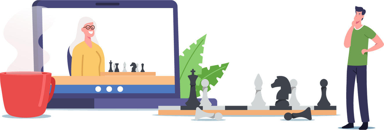 Senior Mother and Adult Son Playing Chess Online  Illustration