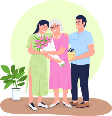 Senior mother with adult children  Illustration