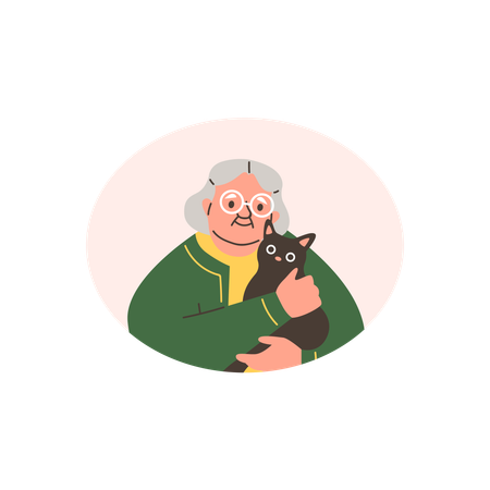 Senior owner with adorable kitten  Illustration
