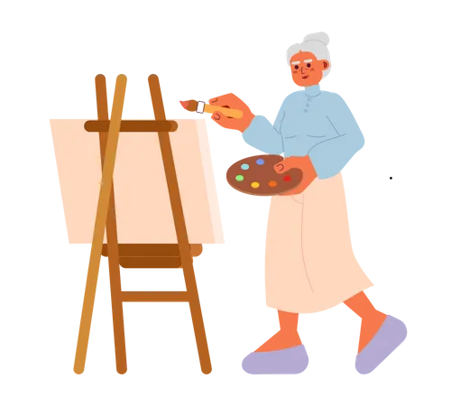 Senior Painting Class On Canvas Cartoon Flat Illustration Retired Artist Woman Holding Paintbrush 2 D Character Isolated On White Background Painter Mature Lady Drawing Scene Vector Color Image Illustration