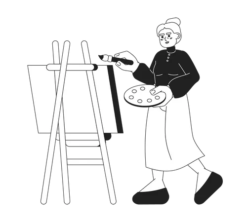 Senior Painting Class On Canvas Black And White Cartoon Flat Illustration Retired Artist Woman Holding Paintbrush Linear 2 D Character Isolated Painter Mature Lady Monochromatic Scene Vector Image Illustration