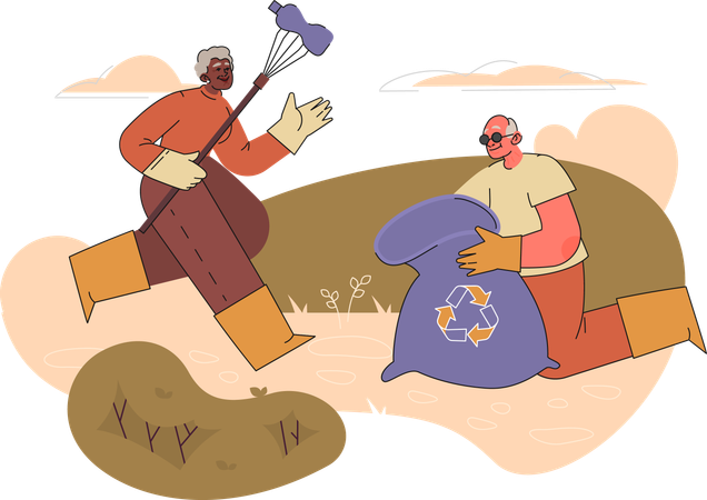 Senior people collecting waste for good cause  Illustration