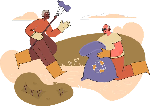 Senior people collecting waste for good cause  Illustration