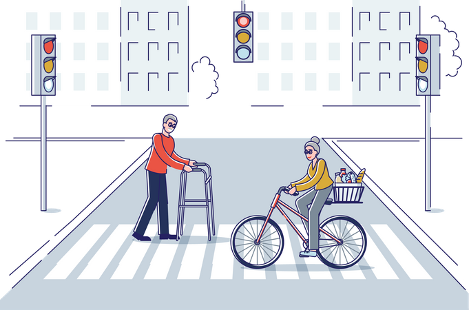 Senior people crossing stree  Illustration