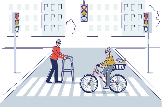 Senior people crossing stree  Illustration