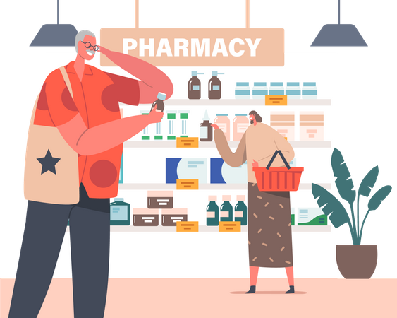 Senior People Purchase Drugs in Pharmacy Store Illustration