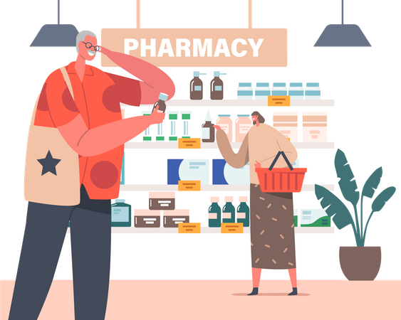 Senior People Purchase Drugs in Pharmacy Store  Illustration