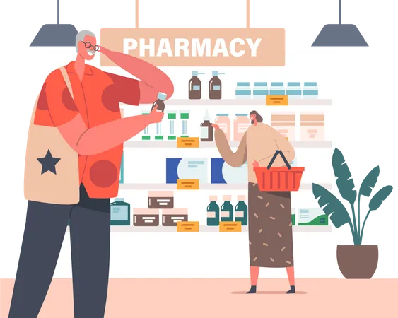 Senior People Purchase Drugs in Pharmacy Store  Illustration