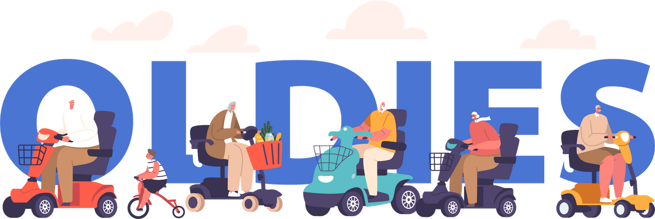 Senior People Shopping On Scooters  Illustration
