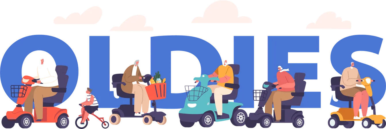 Senior People Shopping On Scooters  Illustration