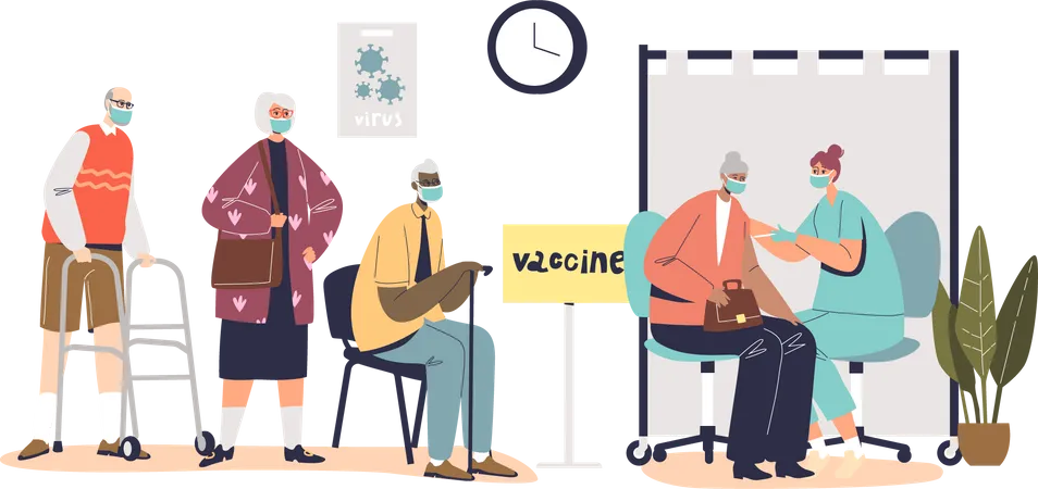 Group Of Old People Senior Pensioners Waiting For Vaccination Aged Men And Women In Medical Clinic Getting Vaccinated Immune Shot From Covid 19 Disease Cartoon Flat Vector Illustration Illustration
